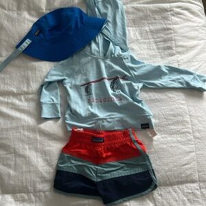 Patagonia swim trunks, long sleeved rashguard and hat